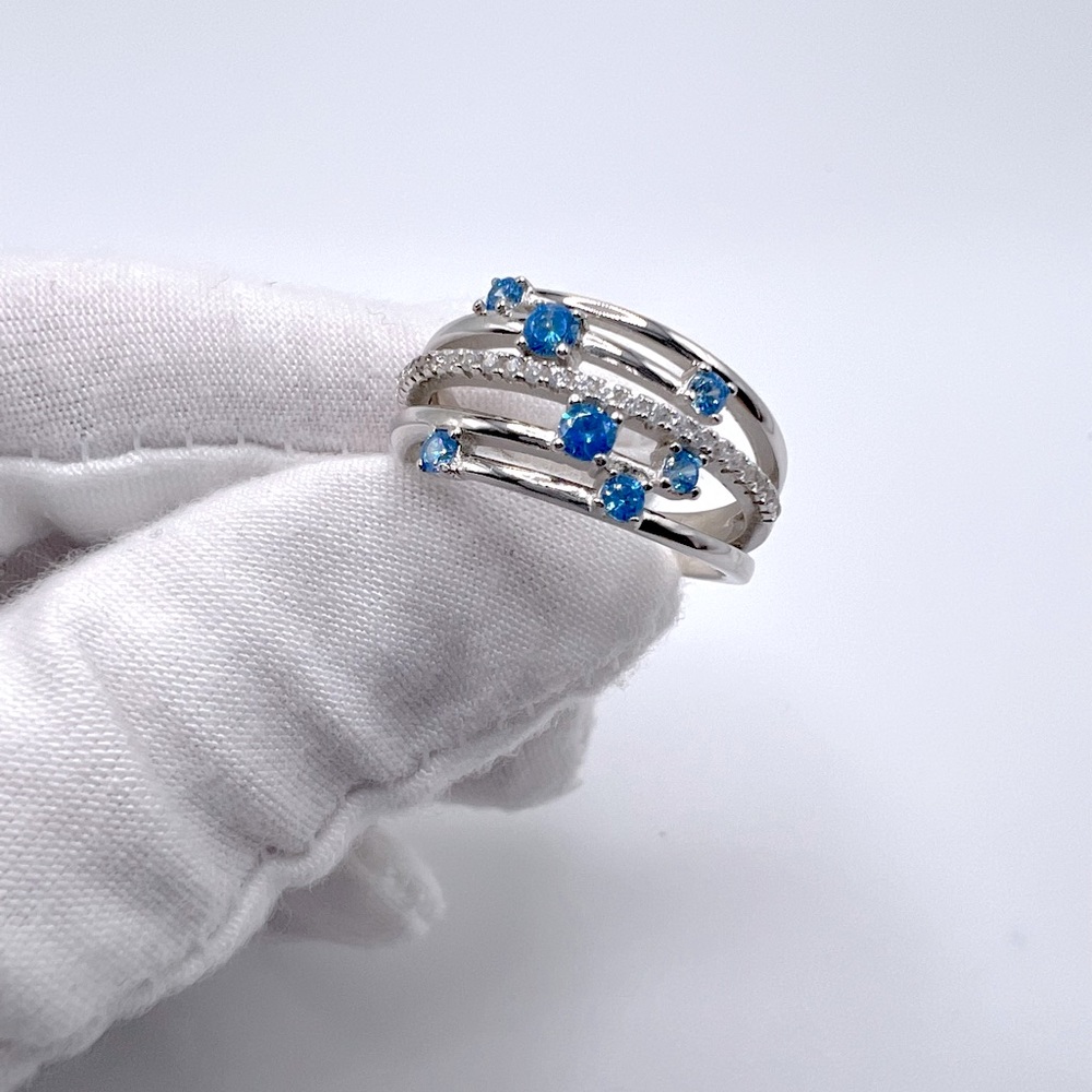 Sterling Silver Blue Topaz Cz & Clear Cz Ring - Picture 10 of 17